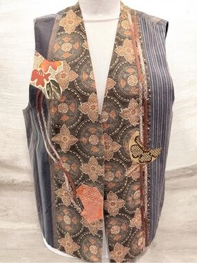 Nui Mono Hawaii Womens Sz M Kasuri Japanese-Inspired Patchwork Vest Button Brown
